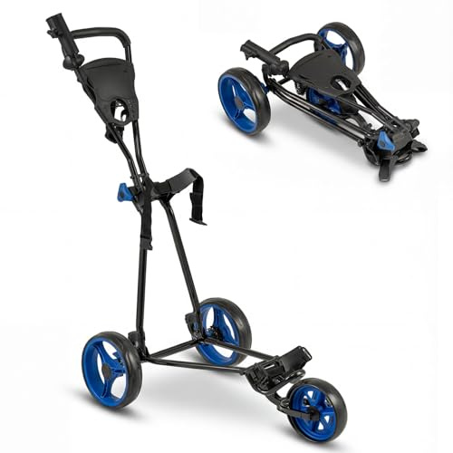 GYMAX 3 Wheel Folding Golf Cart with Foot Brake, Umbrella and Cup Holder, Adjustable TPR Handle and Mesh Bag, Lightweight Golf Bag Holder