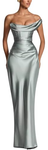 Elegant satin axellös rynkad rygglös maxiklänning för kvinnor lång balklänning sjöjungfru veckad bodycon formell festklänning