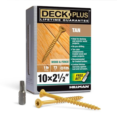 Deck Plus 48415 Exterior Wood Screws, #10 x 2-1/2, 4-Layer Epoxy Coated, Torx/Star Drive Included, Coarse Thread, Decking Screws, Outdoor Rust Resistant, Tan, 73pcs