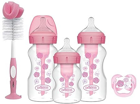 Dr. Brown’s Natural Flow Anti-Colic Options+ Wide-Neck Bottle Gift Set with Breast-Like Teat Shape, Advantage Soother and Baby Bottle Cleaning Brush, Pink