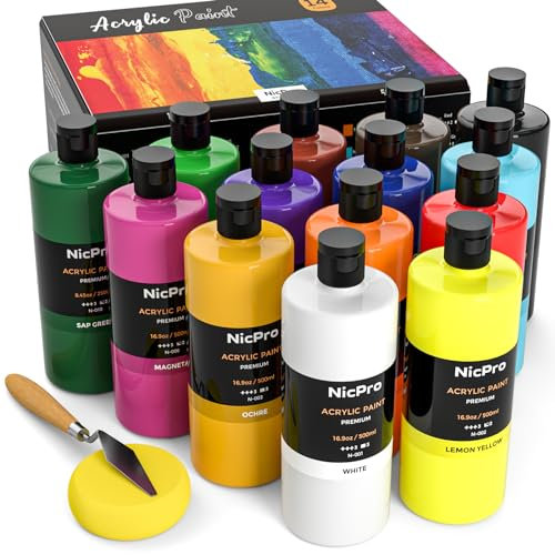 Nicpro lot peinture acrylique 14 x 500 ml, peinture acrylique gros tube en 14 couleurs, couleurs de peinture riches, acrylique non toxique pour de nombreuses surfaces, pour enfants et adultes