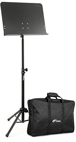 TIGER MUS14-BG Orchester-Notenständer mit Tasche - Teleskopisch - Orchester, Schulen, Sänger und Solomusiker - Höhe der Auflageleiste 62-102cm - Schwarz