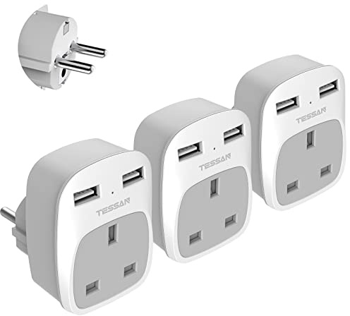 UK to European Plug Adapter 3 Pack, TESSAN Grounded Travel Adapter to EU Euro Schuko with 2 USB Ports for Europe Spain France Germany Greece Turkey Portugual Iceland Poland Finland and More (Type E F)