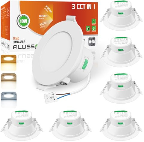 ALUSSO Spot LED Encastrable,10W Spot Led Dimmable 230V IP65, 3000K 4000K 5700K Réglables, Diamètre 95 mm,Diamètre du Trou Φ65-88mm,Éclairage de Plafond Pour Salle de Bain Salon, Lot de 6,Blanc