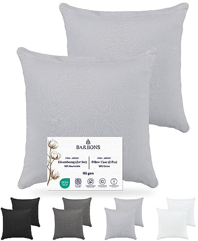 Barbons Kissenbezug 80x80 2er Set – 165 g/m² Oeko-TEX Zertifiziert Kopfkissenbezug 100% Jersey Baumwolle weiche Kissenbezüge Kissenhülle mit Reißverschluss (80x80-Grau)