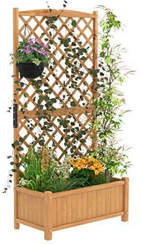 COSTWAY Raised Garden Bed with Trellis, Wooden Trough Planter, Outdoor Garden Weather-Resistant Plant Rack for Vines, Climbing Flower, Plant Pot Box (Natural, 90x45x180cm)