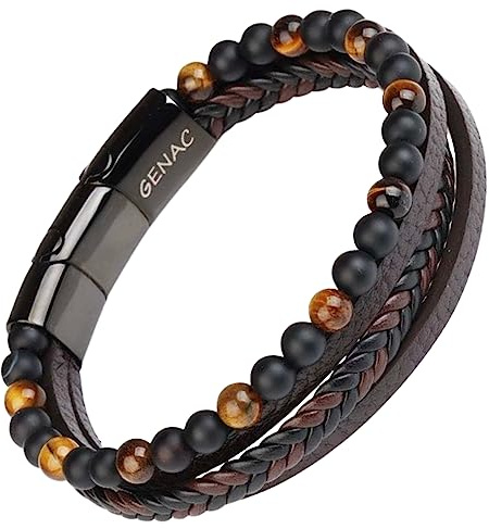 genac Bracciale da uomo con perle di pietre naturali 6mm e vera pelle multi tessuta di alta qualità con chiusura magnetica rimovibile in acciaio inossidabile per reg (Marrone)