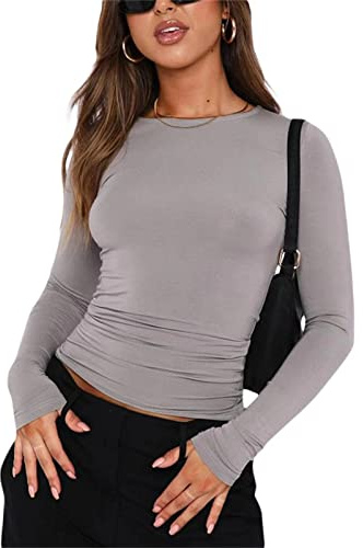 Kukeyiee Maglia da donna a maniche lunghe Y2K Crop Tops girocollo slim fit top maglietta casual streetwear, grigio chiaro, S