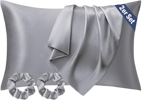 Seiwohl Satin Kissenbezug 40 x 80 2er Set, Weich wie Seidenkissenbezug Silk Pillowcase, Vegane Seide Kopfkissenbezug Kissenhülle Seidenkopfkissen für Haar und Haut mit 2 Haargummis, Grau