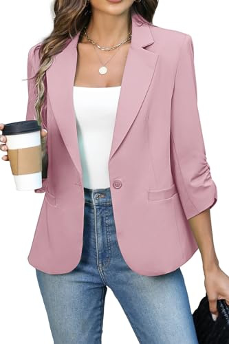 ELLEVEN Womens Blazer Business Casual Suit Jacket Slim Fit Fitted Ruched 3/4 Sleeve Petite Crop Blazer Dressy Full Lining Lightweight Outfits Coat Cardigan with Padded Shoulder Pink Large