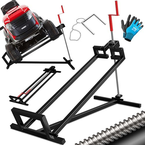 MASKO® XXL Rasentraktorheber 450 kg Hebevorrichtung Hebebühne Aufsitzmäher Reinigungshilfe universal, Rasentraktor-Heber, Rasentraktor +45° Neigung verstellbar inkl. Arbeitshandschuhe & Bürste Schwarz