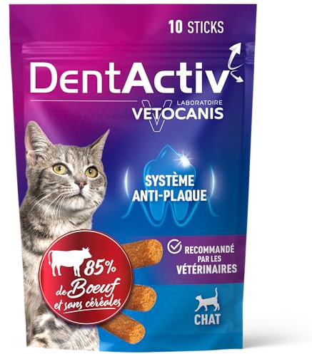Vetocanis - Dentactiv - Stick Dentaire - Friandises pour Chat Gourmandes - Hygiène et Santé du Chat - Riche en Viande - 85% de Boeuf - Système Anti-Plaque