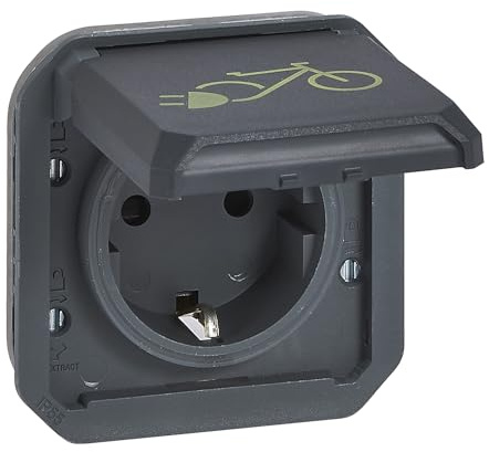 LEGRAND, Plexo New Einsatz, Schutzkontakt-Steckdose zum Aufladen von Elektrofahrrädern, 16 A - 250 V, Steckklemmen, erhöhter Berührungsschutz, Fahrrad Symbol, IP 44 - IK 08, Farbe: Anthrazit, 069886L
