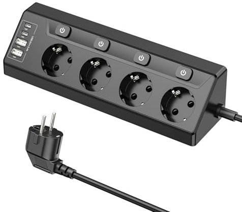 Regleta esquinera para cocina de 4 enchufes, mesa con 2 USB C, esquina con 2 USB, escritorio, cocina, pared, interruptor múltiple – 2 m negro