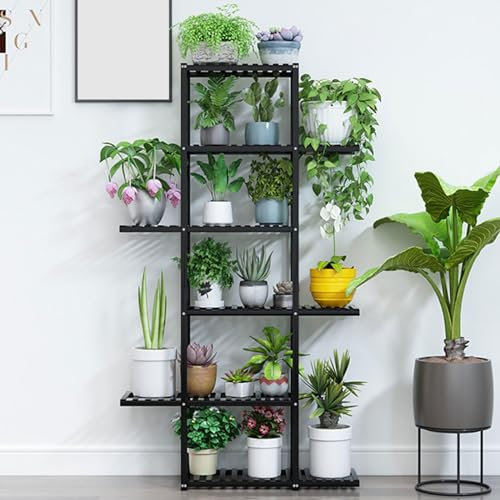 Escalera de bambú de 6 niveles para múltiples plantas, estante alto de esquina para plantas para sala de estar B y jardín, soportes de flores interiores y exteriores (negro)