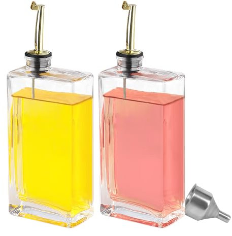 HMJIA Aceitera y Vinagrera con Pitorro de Acero Inoxidable 304 y Cristal Utensilio de Cocina Cooking Oil Dispensador Aceite de Oliva Recipiente Aceite 500ML 2 Piezas con Embudo (500ml - Oro)