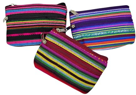 Pack de 3 Monederos Billeteros Étnicos con Estampado 11cm x 8 cm. 2 Bolsillos de Cremallera Cada Uno. Colores Vivos y Alegres (1)