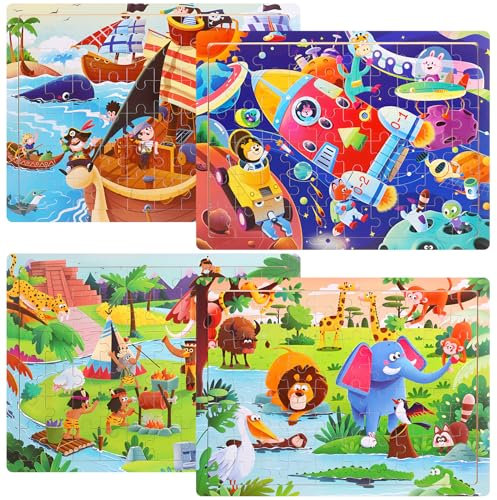 Kaisibum 4 Pack Holzpuzzle Kinder, 4 x 60 stück Kinderpuzzle, Tier Abenteuer Cartoon Puzzle, Kinder Puzzle ab 3 4 5 6 Jahren (30 x 22.5 x 0.4cm)