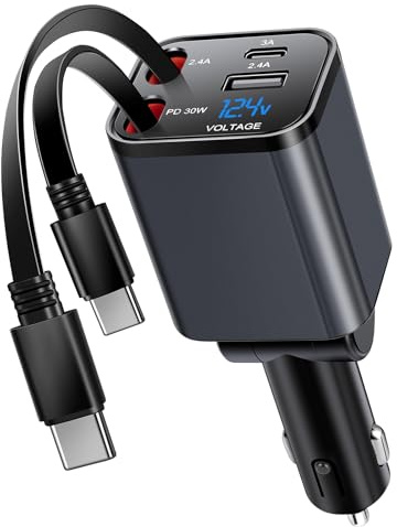 Kwak's Retractable Car Charger - 4-in-1 USB C Cigarette Lighter Adapter - With Dual Type C Cable - Fast Charging - Compatible with iPhone 16 15, Samsung S25/24/23/22 (Type C + Type-C)
