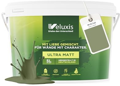 Veluxis® Wandfarbe Grün für den Innenraum - 5 Liter & Deckkraft-Klasse 1, Streifenfrei, tropfarm & Öko Farbe, VOC-frei - (Balmy Basil)
