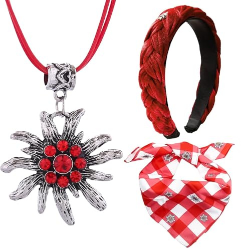 DONCOO Oktoberfest Halstuch Kariert,Stirnband +Edelweißkette,Trachtenschmuck Set,Oktoberfest Accessoires,Trachten Accessoires Damen,Damen Oktoberfest Accessoires(Rot)