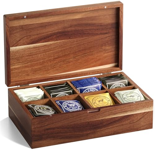 Fibogollo Acacia Wood Tea Bag Organizers, Tea and Sugar Packet Storage Chest with Lid, Wooden Teabag Holder Containers,Tea Box with 8 Compartments