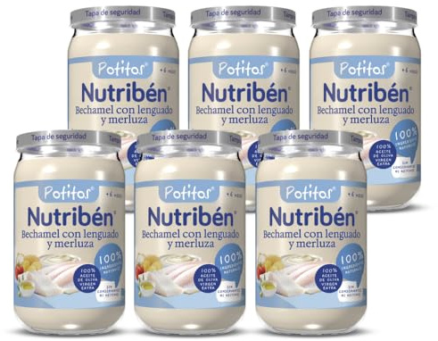 Nutribén Potitos de Bechamel con Lenguado y Merluza | Desde los 6 Meses | Pack de 6 x 235 gr | Sin gluten | Sin almidones | Sin Huevo y Sin LECHE
