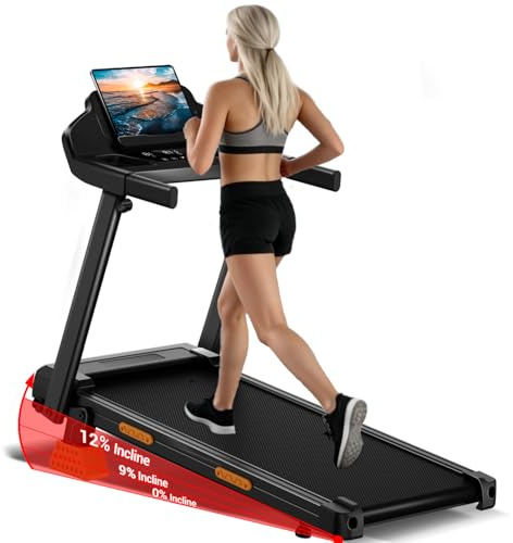 UMAY Tapis de Course Pliable 14KM/H,Tapis Roulant Electrique Pliable 3.0HP/2200W avec Moniteur de Fréquence Cardiaque,APP et Haut-Parleur,Tapis de Marche Silencieux avec 12 Programmes, Design Stable