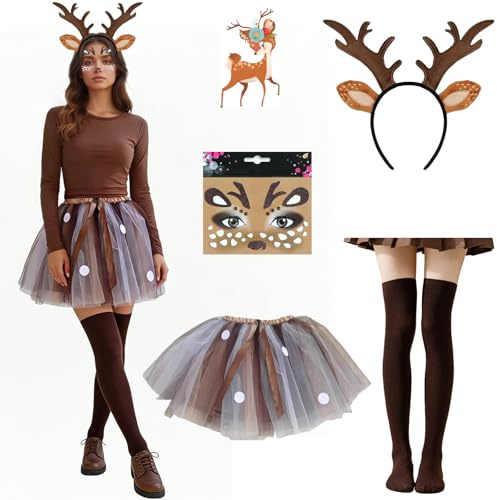 Disfraz Reno Mujer,4 Piezas Traje Disfraz Navidad de Ciervo Falda de Tul,Falda Tul Ciervo,Reno Conjunto de Faldas,Disfrazs Mujer Carnaval,para Carnaval Disfrazs Fiesta Temática Halloween Cosplay