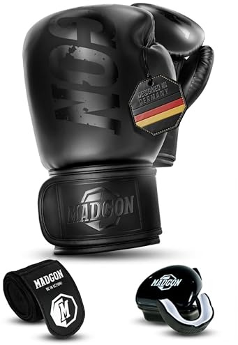 MADGON Box-Set mit Boxhandschuhe, 3m Boxbandagen & Mundschutz für Training & Sparring | Langlebig, PU-Leder | Ideal für Boxen, Kickboxen, Muay Thai (Unisex)