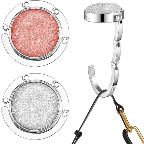 Wanmu 2Pcs Foldable Purse Hook Bling Rhinestone Folding Handbag Hanger Women's Bag Holder Table Bag Holder for Desk (Pink, White)