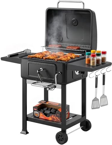 Outsunny Barbecue Carbonella con Griglia, Vasca Carbone Sfiati Regolabile, Carrello BBQ Barbecue Portatile con Coperchio, Termometro, Ripiani Laterali, Camino, Ganci, Ruote, per Campeggio, Nero