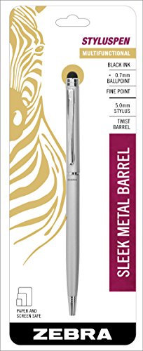 Zebra Pen, StylusPen, 0.7mm Fine Point Black Ink Ballpoint with 5.0mm Stylus, Twist-Action Silver Barrel, Dual-Purpose for Paper and Screen, 1-Pack (33161)
