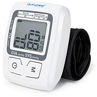 QUIRUMED Sfigmomanometro digitale da polso, sfigmomanometro elettronico, automatico, misurazione della pressione sanguigna, display LCD, bracciale 14-19,5 cm, 2 batterie AAA da 1,5 V