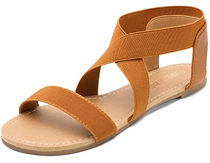 DREAM PAIRS Women's Elastic Ankle Strap Flat Sandals Summer Dressy Shoes Cute Strappy Gladiator Sandals ELATICA-6,Size 5,Tan,ELATICA-6