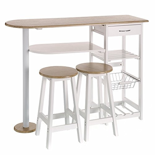 LOLAhome Conjunto de Mesa Alta y 2 Taburetes con 1 Cajón, 2 Estantes, Cesta extraíble y Botellero para Cocina de Madera Blanco y Natural de 120x89x37 cm