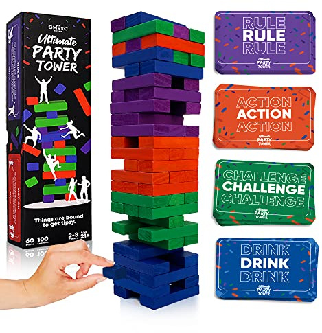 SWOOC Games - Ultimate Party Tower™ - 100 Original Commands, 60 Blocks, & 1000s of Hilarious Rule Combinations - A Tipsy Spin on Fun Classic Games for Power Hour - Ages 21+ - Wooden Tower Blocks Game