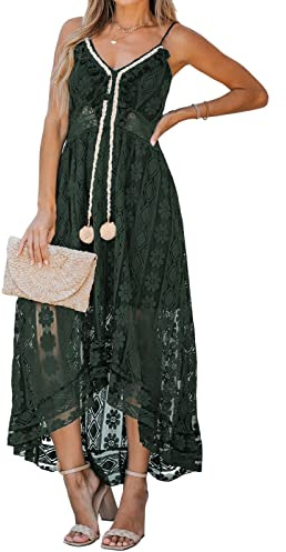 CUPSHE Robe d'été pour Femme Boho Maxi à Lacets avec Pompon col en V évasé à Volants Robes de Plage Vert Foncé M