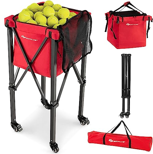 COSTWAY Tennis Ball Cart, Wheeled Tennis Hopper with Removable Bag, Side Pockets & Carry Bag, Lightweight Sports Teaching Basket Holds 150 Tennis Balls (Red)