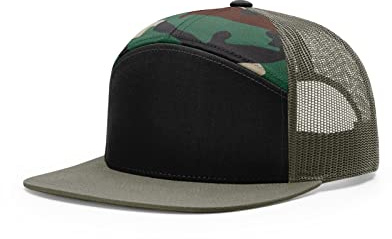 The Hat Pros Richardson 168 Hi-Pro 7 Panel Flat Bill Adjustable Snapback Trucker Mesh Back Cap, OSFM, Bulk Pack Available, Black/Green Camo/Loden