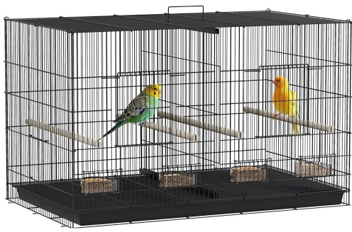 PawHut Jaula para Pájaros con Divisor, 94x57x57 cm, Pajarera con 4 Comederos, 4 Perchas y Bandeja Extraíble, Jaula para Loros, Canarios, Periquitos, Negro