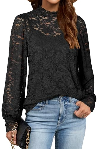 LAISHEN Womens Long Sleeve Tops with Cami Plain Mock Neck Lace T Shirt Casual Dressy Blouse 2 Piecs Set Black,M