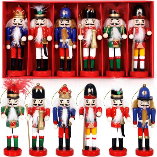 VIPNAJI Casse-Noisette en Bois, 6 Pcs Casse Noisette en Noel, 13cm Soldat Roi Figurine Classique pour la décoration Traditionnelle de l'arbre de Noël à Suspendre, Décor De Table