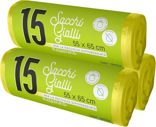 45 Sacchetti Spazzatura - BIODEGRADABILI- MISURA: 55x65 cm - con Manici | Sacchetti Immondizia da 40L, Trasparenti per Raccolta Differenziata | Buste Anti Umidità, Plastica Riciclata, Gialli
