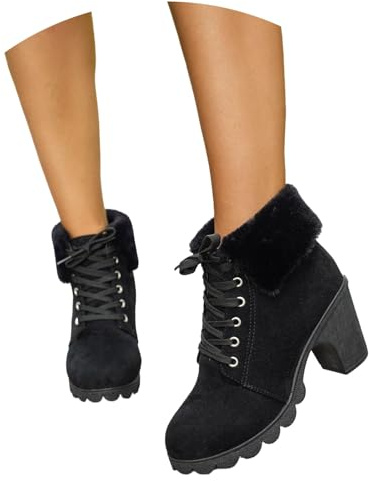 LDXEQIZ Botas con Cordones Botines De Ante For Mujer Tacones Altos con Cuello De Felpa Cálido Boots Vintage con Tacón Bloque Botines Otoño-Invierno Zapatos De Tobillo De Plataforma(Black,39 EU)