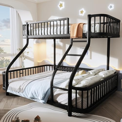 Httcg Etagenbett Kinderbett 90x200 & 140x200 cm mit Leiter und Rausfallschutz, Hochbett Metallbett mit Abgerundete Ecken, Stockbett Doppelbett Bettgestell mit Lattenrost, Schwarz, Ohne Matratze