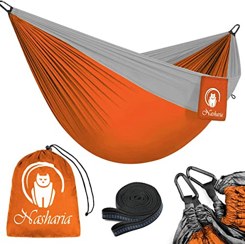 Nasharia Hängematte Outdoor, 2 Personen Outdoor Hammock 300KG Tragkraft 275 * 140 cm, Reisehängematte Ultraleicht Atmungsaktiver Hängematte Nylon Fallschirm für Outdoor Camping, Garten und Strand