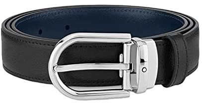 Montblanc Cintura da uomo reversibile con fibbia ad ardiglione in pelle di colore nero-blu, dimensioni: 120 cm x 3 cm x 0,5 cm, 128756