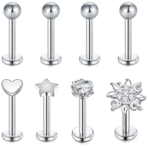 Mayhoop Labret Stud 16G 8mm Acero Inoxidable - Piercing de Labio, Tragus, Helix, Monroe, Medusa - Joyería para Mujeres y Hombres - Plata 8 Piezas