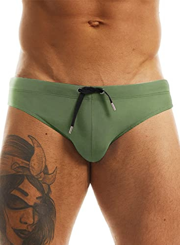 MIZOK Men's Sexy Low Rise Swimwear Bikini Swimming Briefs Drawstring Quick Dry Beach Swimsuits Army M